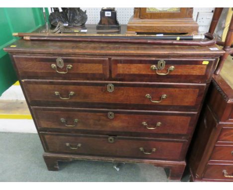 GEORGIAN OAK CHEST OF DRAWERS,  mahogany cross banded straight front chest of drawers, 2 short and 3 long graduated drawers w