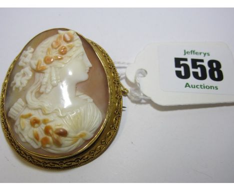 ANTIQUE SHELL CAMEO, large antique shell cameo, with portrait of a lady in a yellow metal mount