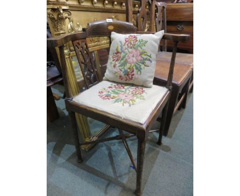 EDWARDIAN CORNER ARMCHAIR, inlaid and fretwork splat corner chair with tapestry seat