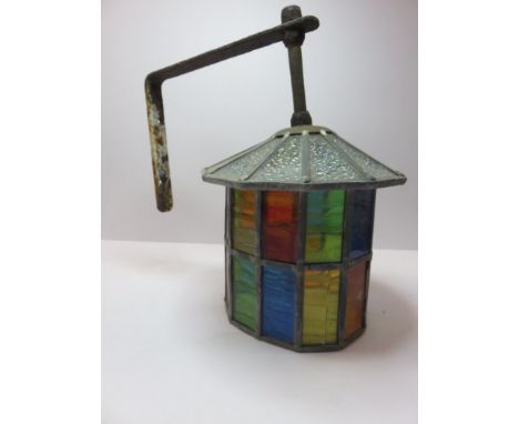 LEADED GLASS LANTERN, on bracket mounts 