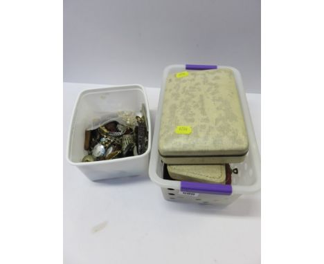 2 Plastic crates of costume jewellery, including necklaces, ladies watches, also 4 boxes of cultured and simulated pearl neck