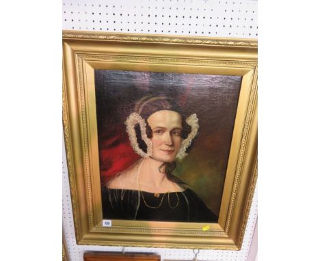 19TH CENTURY PORTRAIT, oil on canvas "Portrait of Gentle lady with lace trimmed bonnet", 21" x 16"