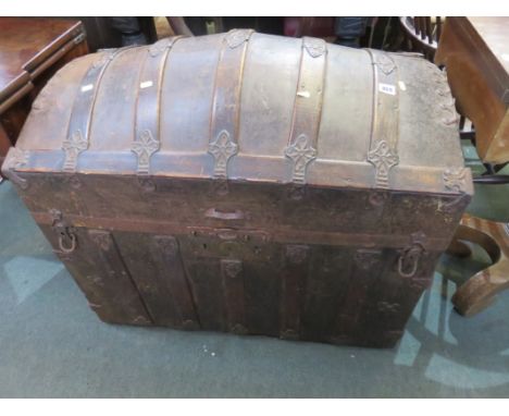 SHIPS TRUNK, an attractive domed top wooden banded ships trunk with original pictorial fitted interior, 35" width
