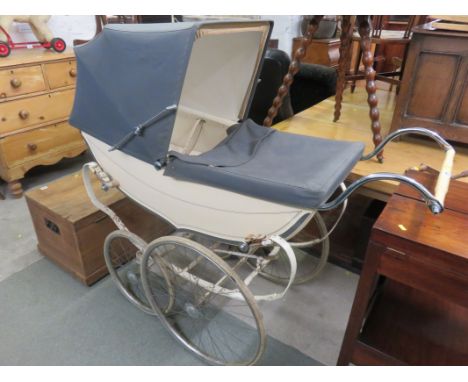 CARRIAGE PRAM,  a chrome and cream enamel carriage pram