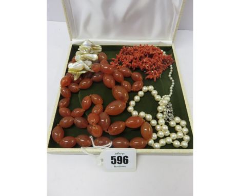 NECKLACES, coral necklace, an agate bead necklace, cultured pearl necklace and similar style bracelet