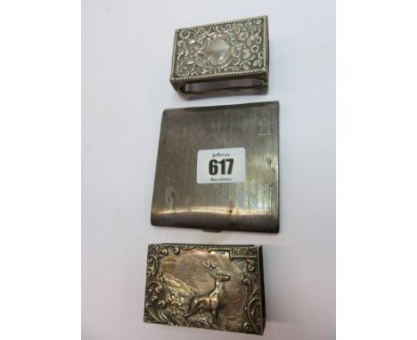 MATCHBOX HOLDERS, 2 HM silver matchbox holders, 1 decorated with embossed stag; also HM silver cigarette case