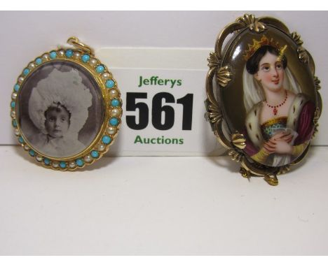 ANTIQUE PORTRAIT PENDANT, circular portrait pendant, the yellow metal frame set alternate turquoise and pearls, also an oval 