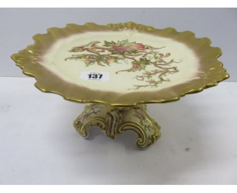 ROYAL WORCESTER, comport with gilt and foliate decoration on a peach ground, purple mark to base, 9" diameter 