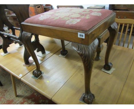 DRESSING STOOL, floral tapestry topped dressing stool on carved ball and claw legs