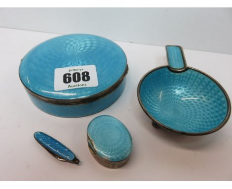 ENAMELLED COMPACT, attractive blue enamel circular compact, together with similar ash tray, pill box and pen knife