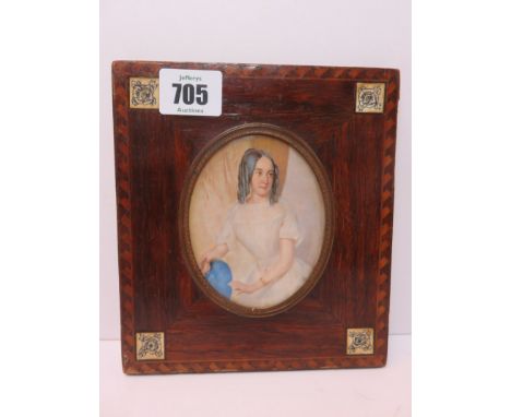 OVAL MINIATURE PORTRAIT IN IVORY, "Portrait of Young Lady in white lace dress" in attractive inlaid frame