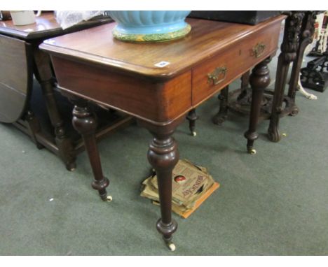 VICTORIAN SIDE TABLE, mahogany single drawer side table, inverted baluster legs with ceramic castors, 33"w