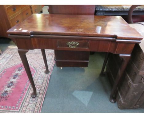 GEORGIAN MAHOGANY CARD TABLE, mahogany fold top card table on slender tapering legs with pad feet, single frieze drawer, 33" 