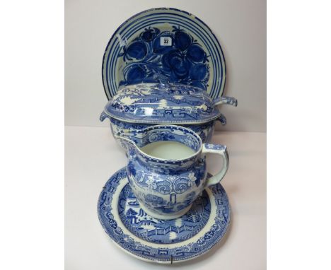 DELFT, blue floral 13.5" charger together with Victorian willow pattern tureen ladle and 2 other pieces 