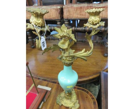 ORMOLU CANDELABRA, French style twin foliate branch candelabra with turquoise ceramic body 18" high 
