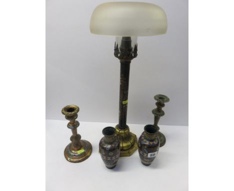 METALWARE, a Victorian gilded brass tall ejector candlestick with frosted glass shade; also pair of cloisonne vases a/f and 2