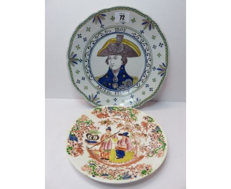 NELSON COMMEMORATIVE, a faience portrait dish dated 1805, 9.5" diameter with Hilditch polychrome saucer 