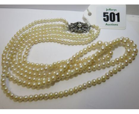 CULTURED PEARLS, triple strand cultured pearl necklace with silver clasp, 16"