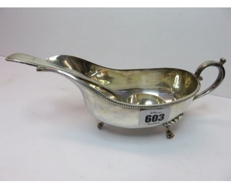 SILVER SAUCE BOAT, a Georgian design HM silver beaded edge sauce boat with similar ladle 