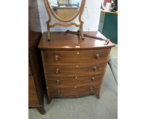 EARLY 19TH CENTURY MAHOGANY BOW FRONT CHEST, inlaid mahogany bow front chest of 4 long drawers, bone escutcheon splayed brack