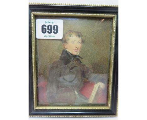 ANTIQUE MINIATURE PORTRAIT, water colour, "Study of seated Young Man in red chair", 4.25" x 3.5"