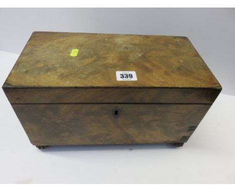 TEA CADDY; 19th century mahogany veneered tea caddy (mixing bowl missing) 12.5"