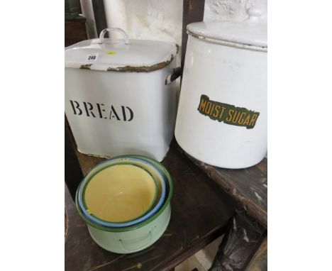 ENAMEL, bread and sugar canisters together with 3 other pieces of enamel ware 