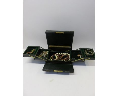 COSTUME JEWELLERY, Mappin & Webb green leather cantilever jewellery box (lock broken)  containing cuff links, brooches, hinge