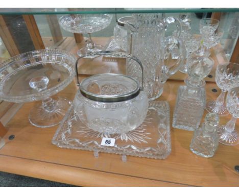 GLASSWARE, 2 perfume decanters, cut glass jug and contents of shelf