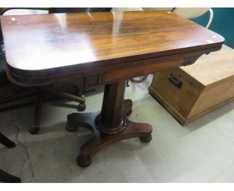 VICTORIAN ROSEWOOD CARD TABLE, a D-end fold top card table on octagonal pillar support