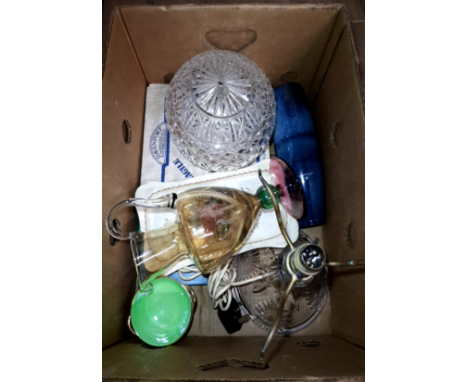 A BOX OF MISCELLANEOUS INC GLASS LAMP ETC