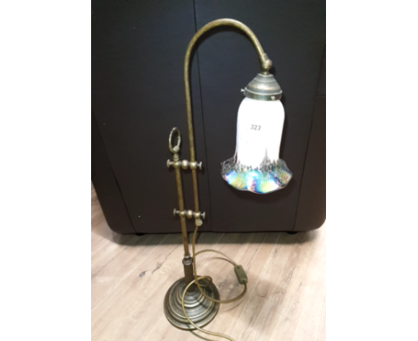 A BRASS ADJUSTABLE STUDENTS LAMP WITH TIFFANY STYLE SHADE