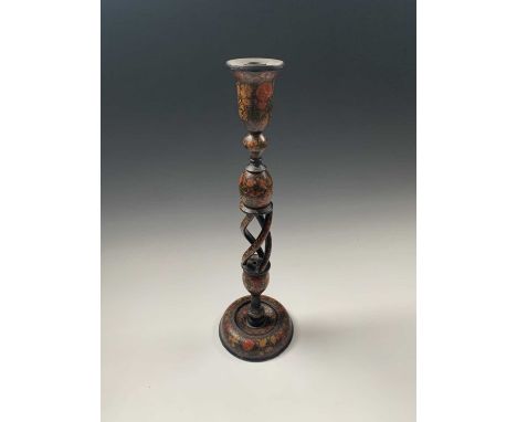 A Kashmiri painted wood candlestick, early 20th century, with a part barley twist stem and floral painted decoration, previou