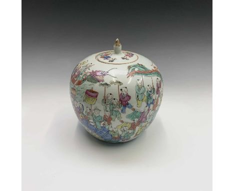 A Chinese famille rose porcelain jar and cover, with the one hundred boys pattern, on a carved wood stand, height of jar 24cm