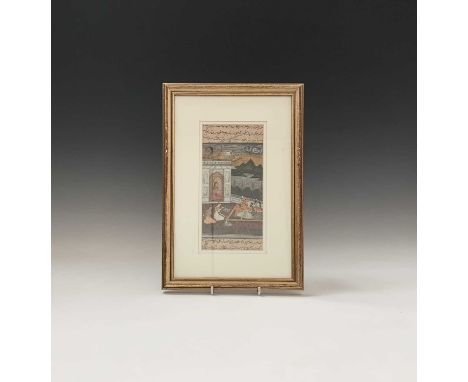 A Persian manuscript leaf, 19th century, painted with figures in a courtyard within horizontal bands of calligraphy, frame si