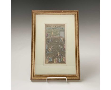 A Persian manuscript leaf, 19th century, painted with a battle scene beneath a horizontal band of calligraphy, frame size 35 