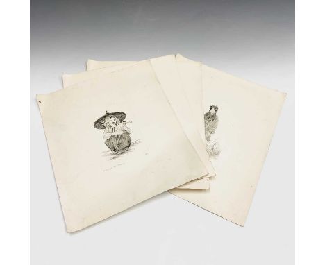 Four etchings, possibly Cambodia, early 20th century, signed in pencil Escu, unframed, 37 x 32cm.