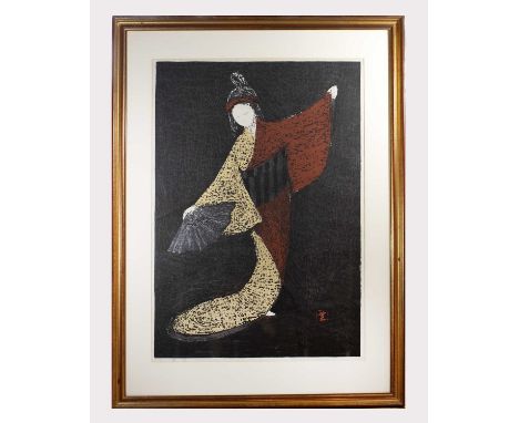 Kaoru Kawano (Japan, 1916-1965) woodblock print, signed in pencil, Dancing Figure (Maiogi), red seal mark, 56 x 38cm, frame s