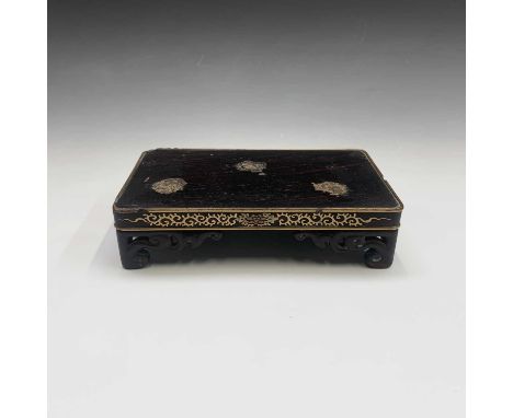 A Chinese wood and gilt metal inlaid stand, 19th century, with pierced bracket feet, paper label to underside, height 4.5cm, 