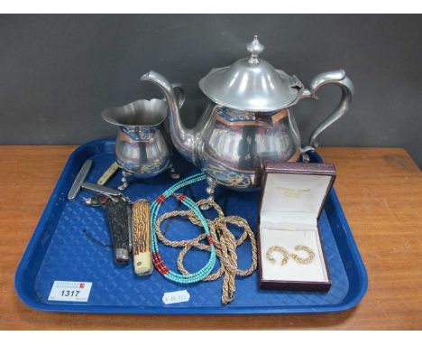 Monet Necklace, bracelet, and earring set, Stained beaded necklace, Eye Witness and other pen knives, teapot, and jug:- One T