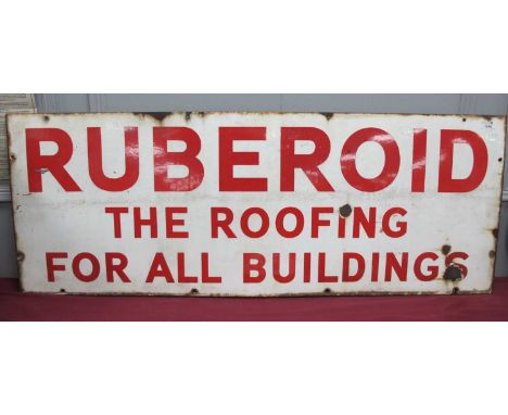 Vintage Enamel Sign, 'Ruberoid The Roofing For All Buildings', red lettering on a white ground, 45.5 x 122cm.