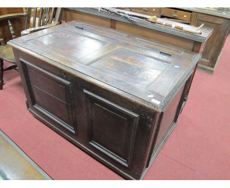 Early XVIII Century Joined Oak Coffer, with two panelled top, panelled front and sides, plinth base, 115cm wide