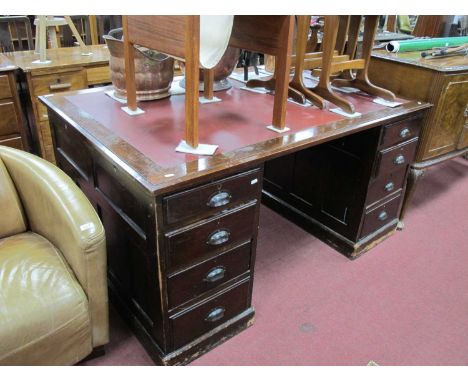 1920's Mahogany Pedestal Partners Desk, with a crossbanded top, red leatherette Sciver, pedestals with four graduated drawers