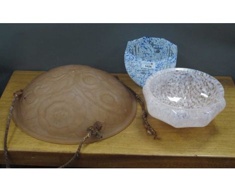 Art Deco Frosted Pink Glass Light Shade, 35mm diameter, two mottled smaller examples (3).