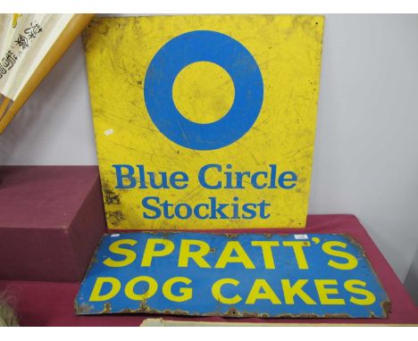 Vintage Enamel Sign, 'Spratt's Dog Cakes', yellow lettering on blue ground, 30.5 x 76cm, Blue Circle stockist sign in plastic