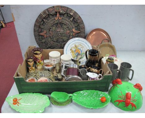 Salad Dishes, character jugs, other ceramics, horse brasses, copper tray, brass crumb tray, etc:- One Box, Aztec style resin 
