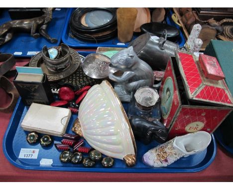 Tin of Buttons, glass inkwell, squirrel nutcracker, sugar helmet, Old Foley condiments, 'U.S Naval Academy' brass ashtray, ca