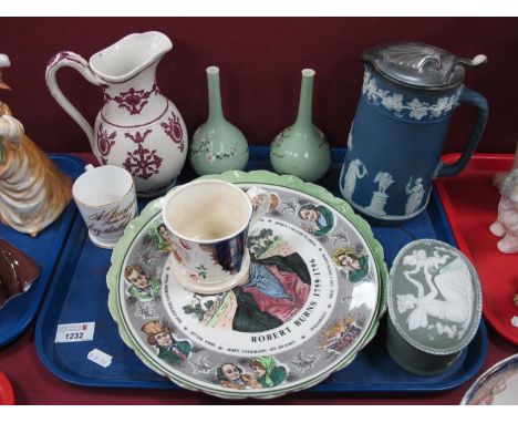 Oriental Pair of Celadon Vases, embossed with Lotus Blossom, 15cm high. Wedgwood Jasper hot water jug, plates, trinket box, e