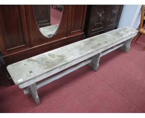 Elongated Garden Bench, on three supports united by stretcher, 229cm long.Approximately 100 years old, paint loss completely 