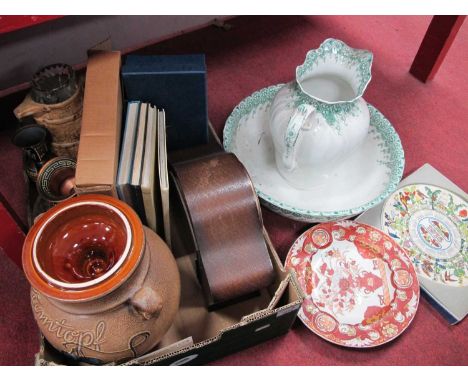 Stoneware Rumtopf, Evesham dish, Smith's oak-cased mantel clock, Royalty books, Hillstonia jug, etc:- One Box, together with 